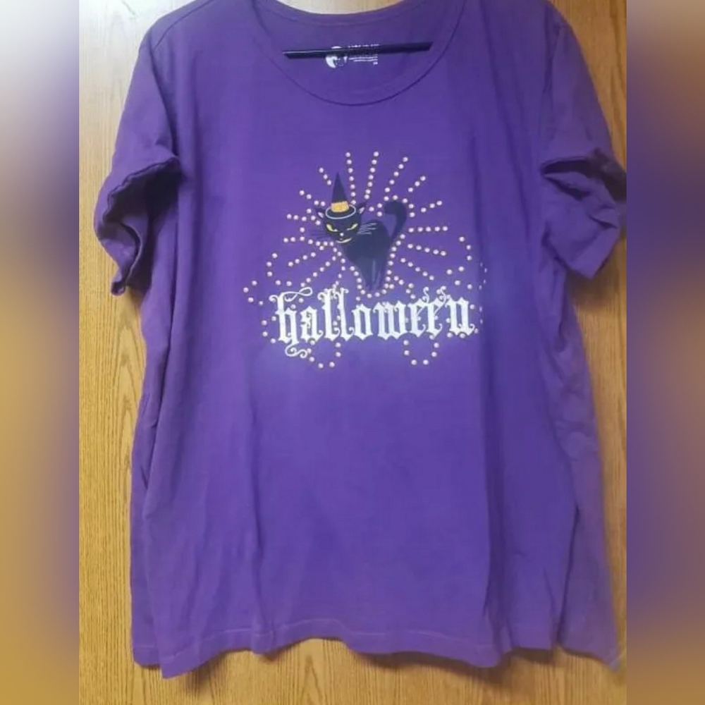 Holiday Editions Purple Halloween Black Cat Short-Sleeve T-shirt Sz 2XL